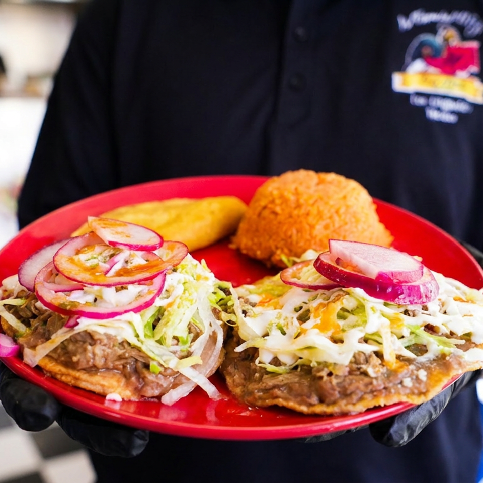 Server presents a red plate with two loaded tacos, pickled radishes, and golden fried sides in a restaurant kitchen.