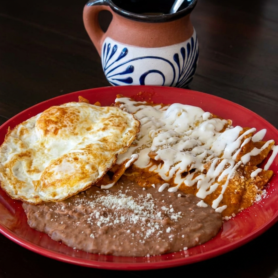 Mexican breakfast plate with fried eggs, cream-drizzled enchiladas, refried beans, and a decorative clay mug on a dark table.