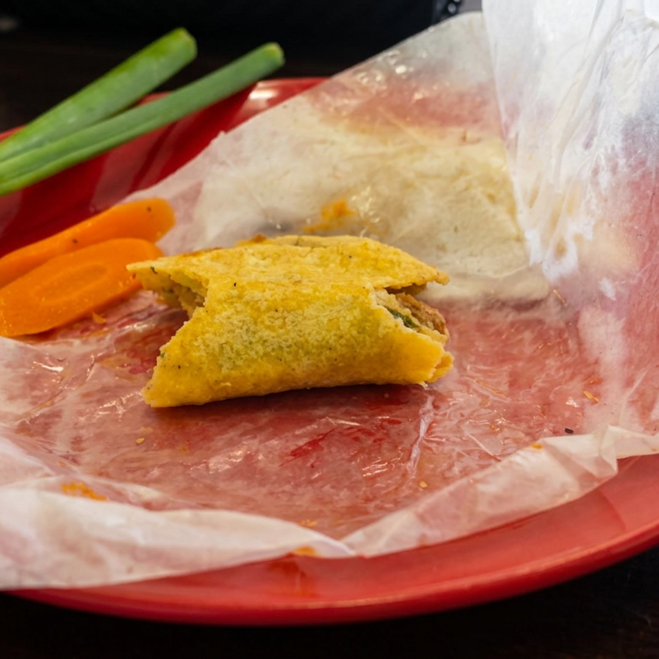 Golden fried pastry filled with meat on wax paper, served with sliced carrots and green onions on a red plate.