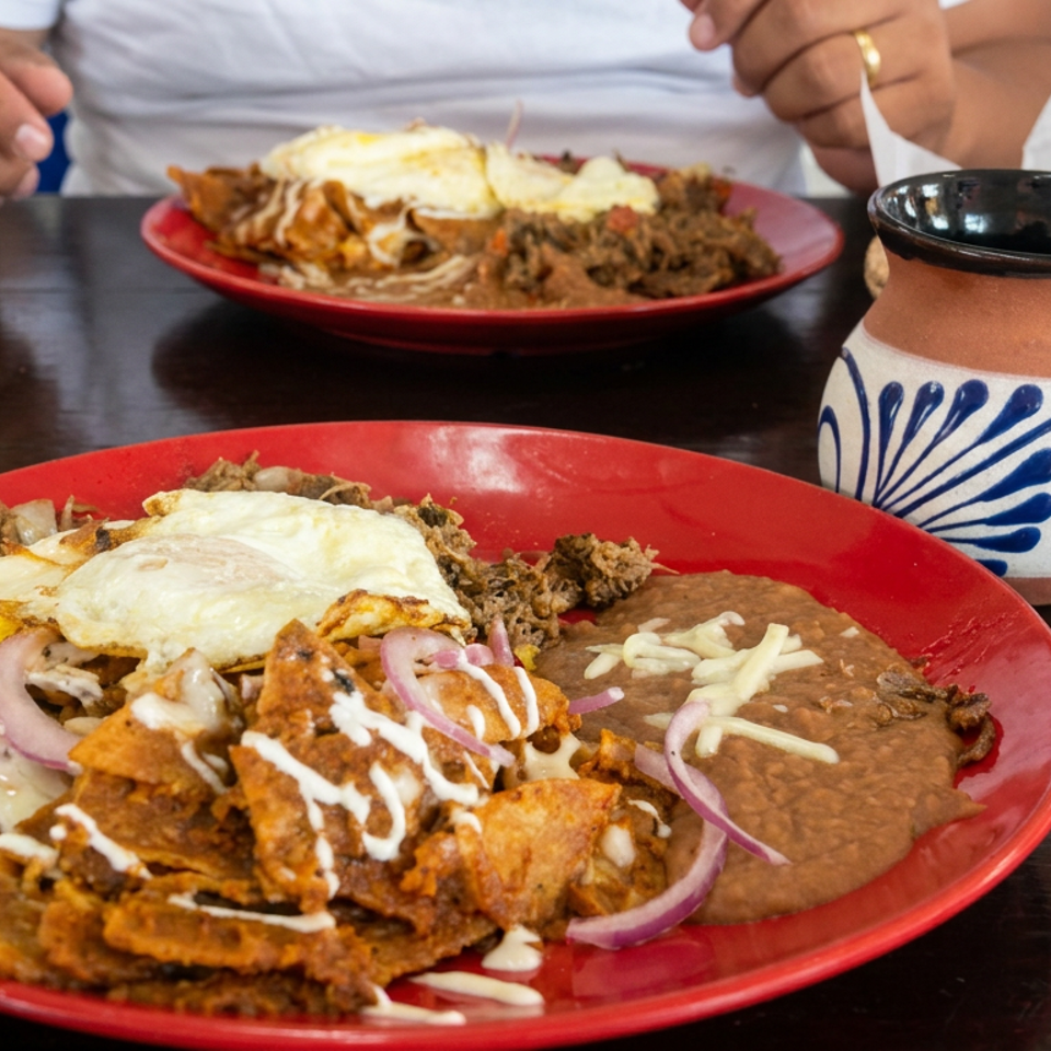 Mexican-style platters with fried eggs, refried beans, crispy tortillas, meat, onions, and crema on a restaurant table.